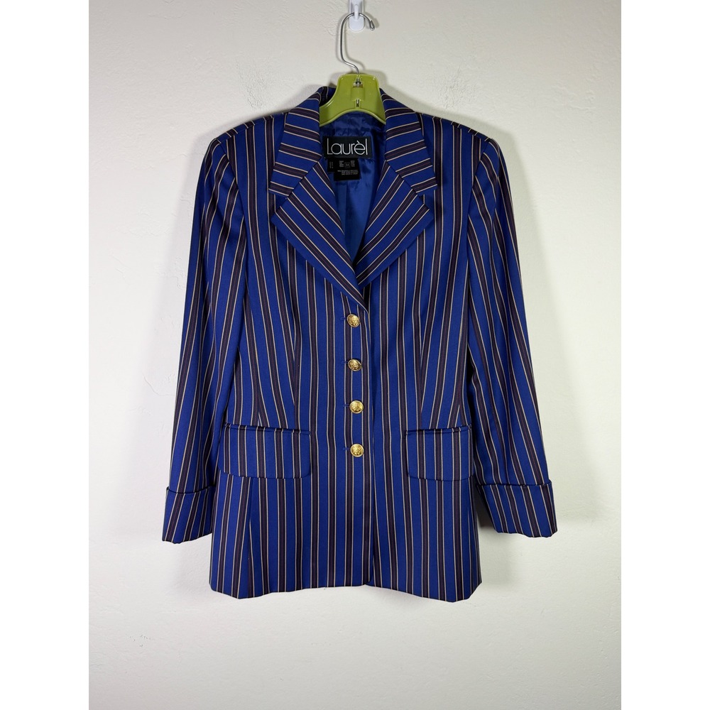 Laurel Vintage Blue Striped 100% Wool Blazer Gold Crest Buttons Size 34